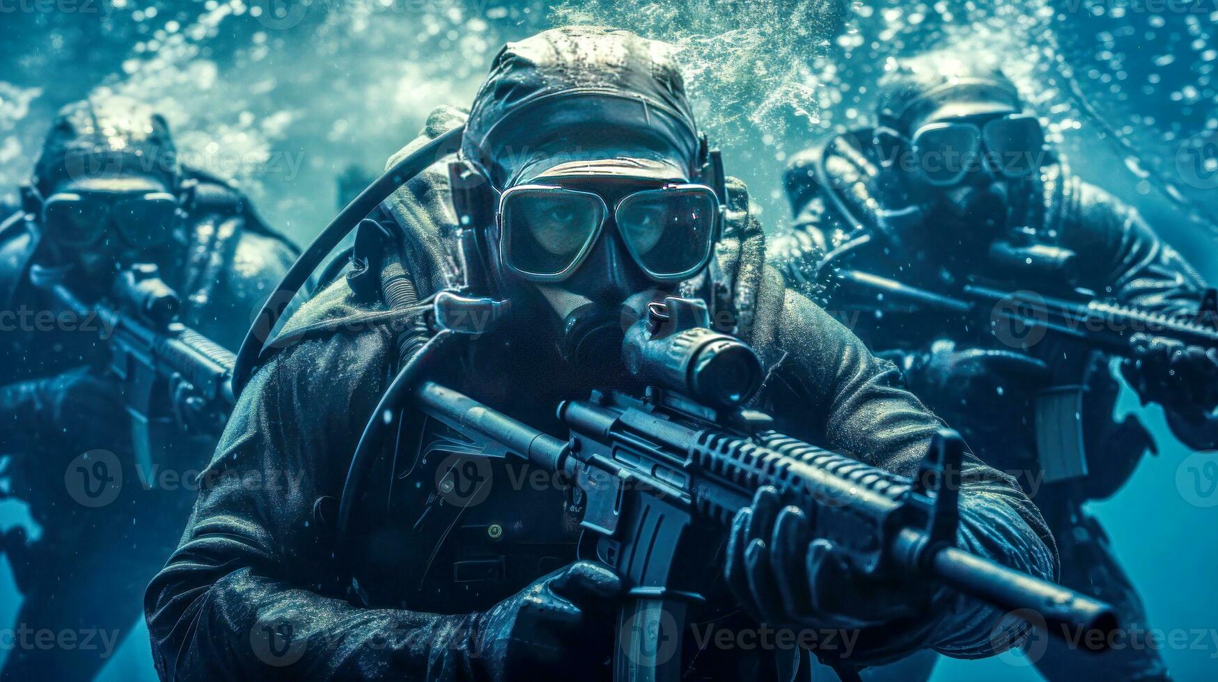 especial efectivo en negro mojado trajes y cascos buceo con armas de fuego ai generado foto