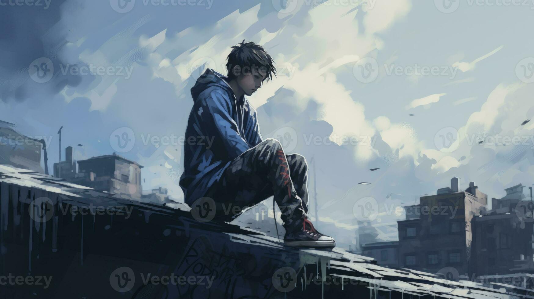 dedicated, focused, broken, Alone guy in blue hoodie setting on roof looking toward slum AI Generated photo
