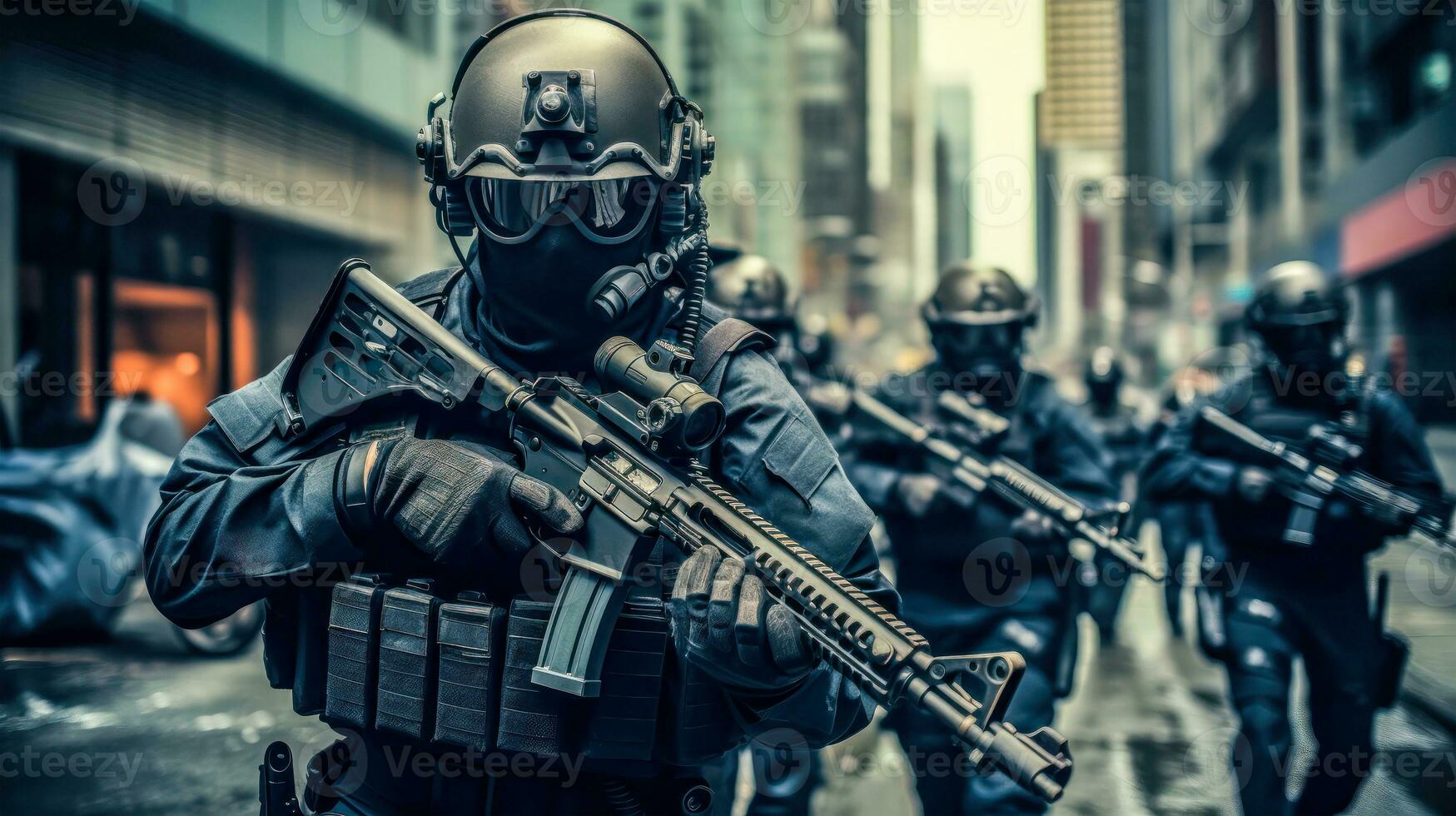 antiterrorismo equipo un grupo de armado y blindado policía oficiales en un ciudad calle ai generado foto