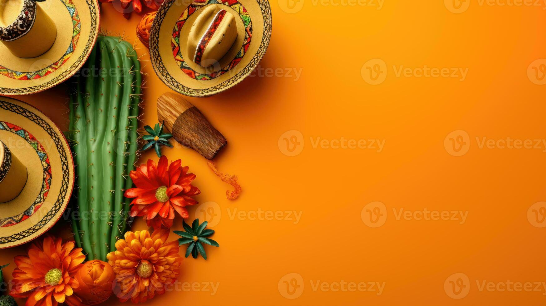 Celebrate Mexican Fiesta with Sombrero Cactus and Maraca on Orange Background AI Generative photo