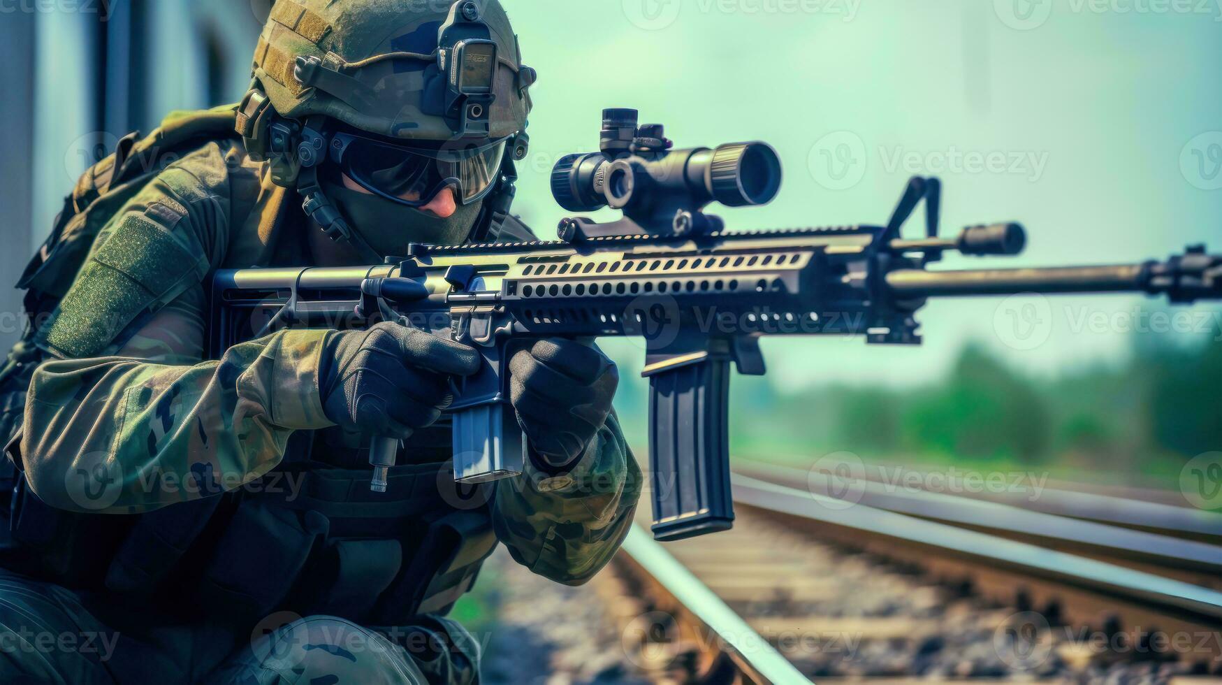 Armed Warrior in Combat Uniform and Helmet with M16 Carbine on Railway track AI Generative photo