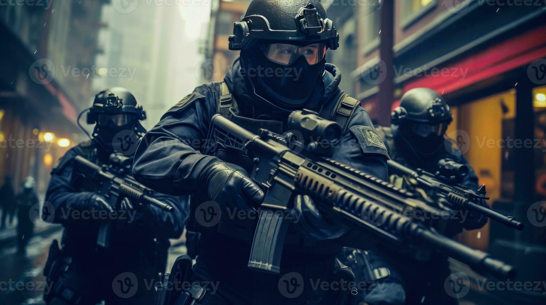 negro comandos especial fuerza en acción el herramientas y tecnicas de policía expertos ai generado foto