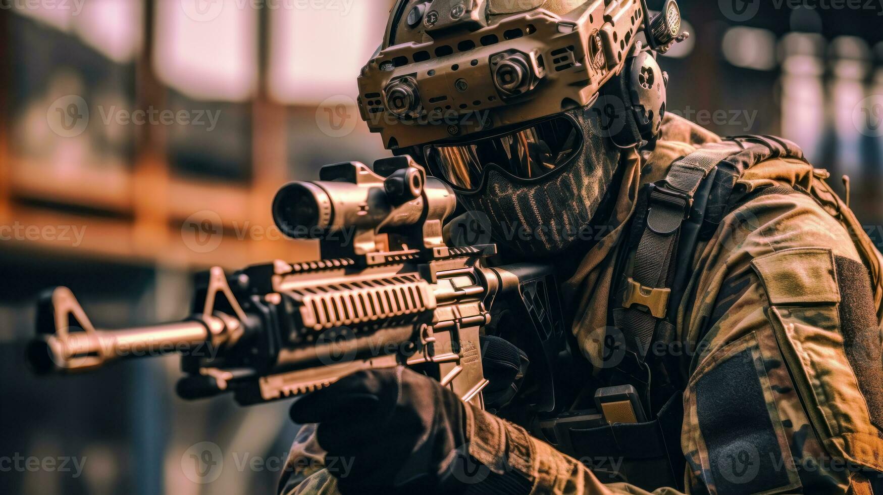 Special Ops Sniper on Railway Bridge A Soldier in Camouflage and Armor with a Gun AI Generated photo