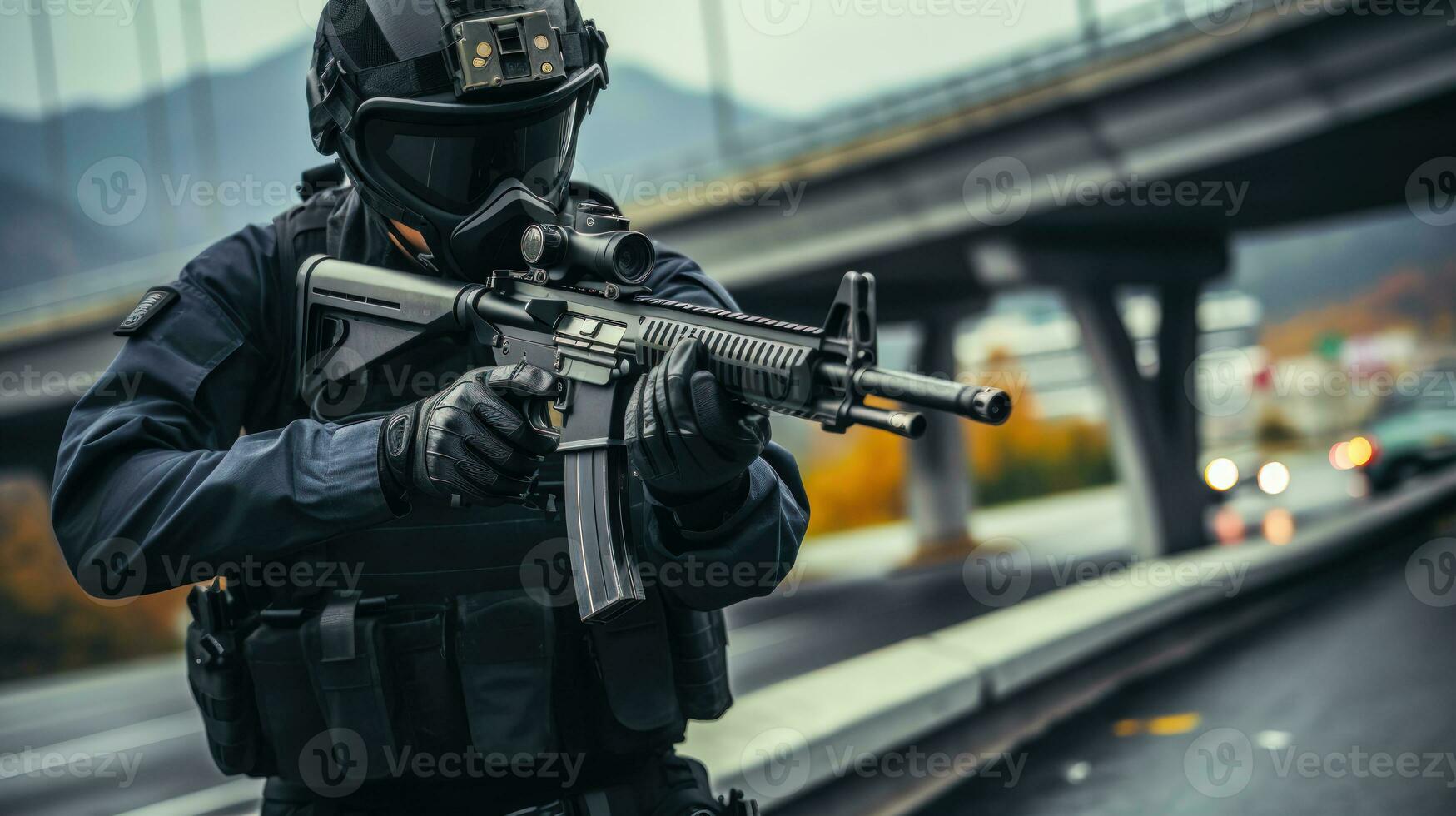 especial efectivo soldado con m16 y rifle alcance en combate ai generado foto