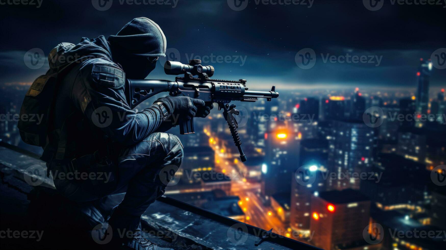 Night Vision Sniper on Rooftop Futuristic Warfare Game Illustration with Shooting Character AI Generated photo