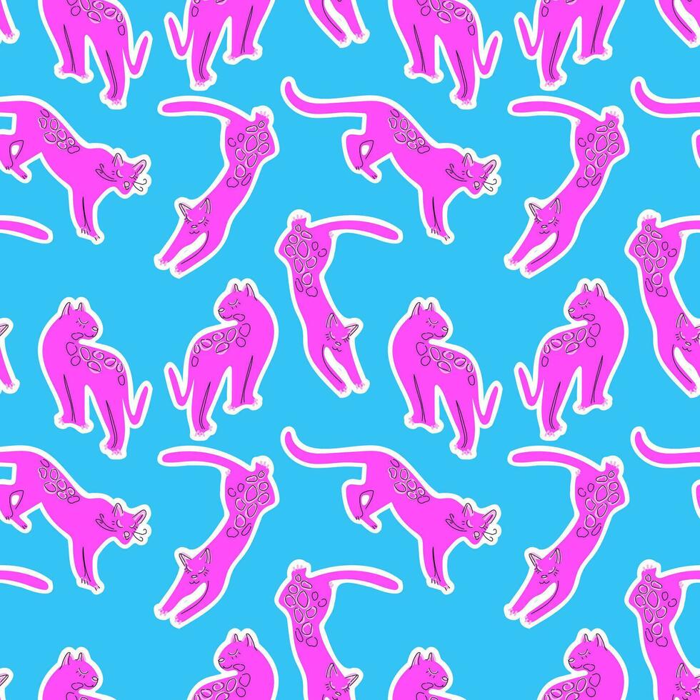 Pink leopard on a blue background. Tropical seamless pattern. Vector. Can be used for fashion, accessories, home decor, and various printed materials with a touch of exotic allure. vector