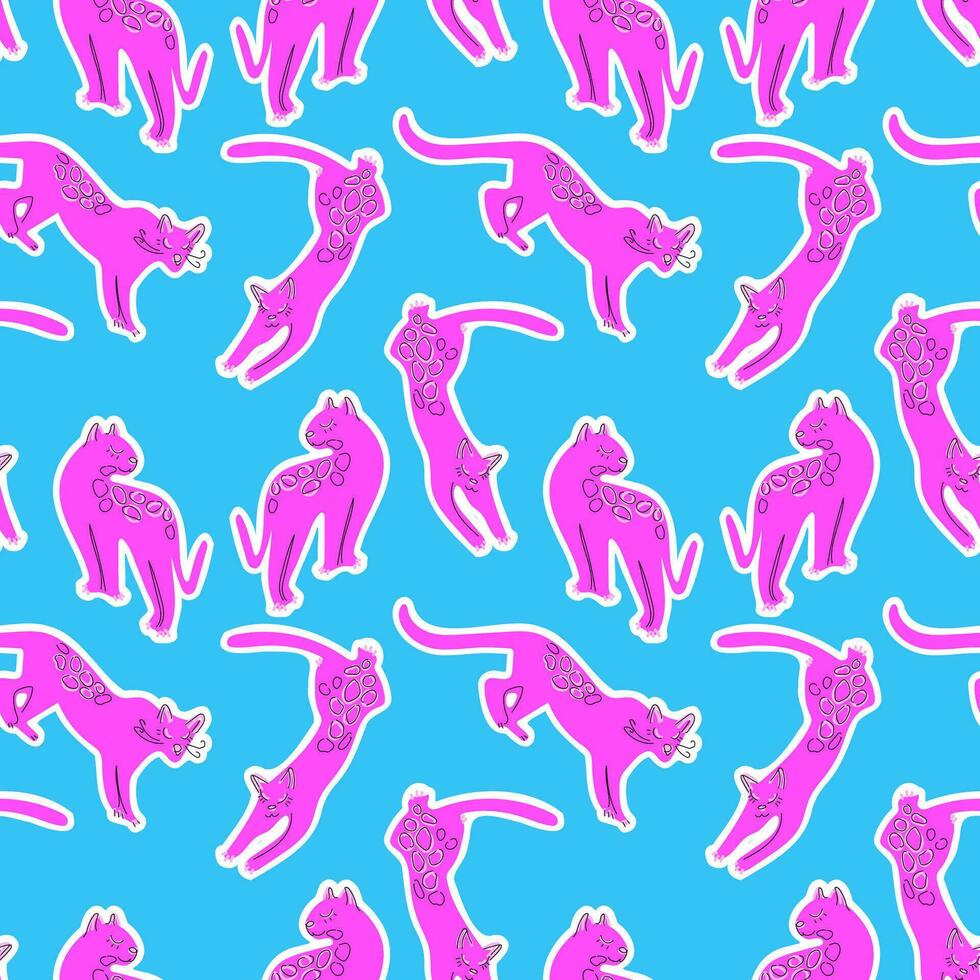 Pink leopard on a blue background. Tropical seamless pattern. Vector. Can be used for fashion, accessories, home decor, and various printed materials with a touch of exotic allure. vector