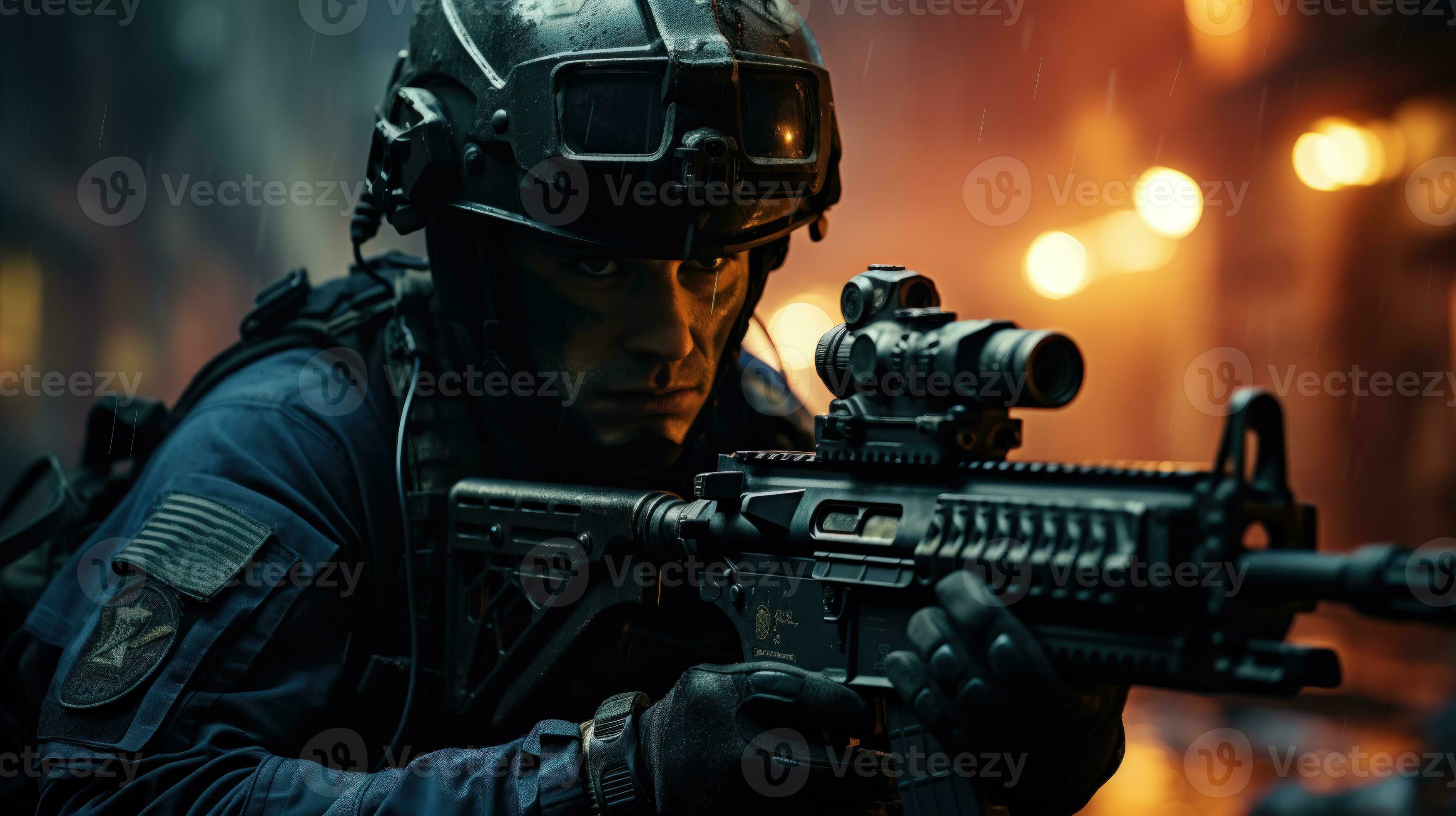 Special Forces Soldier in Warzone with Rifle and Night Vision Modern