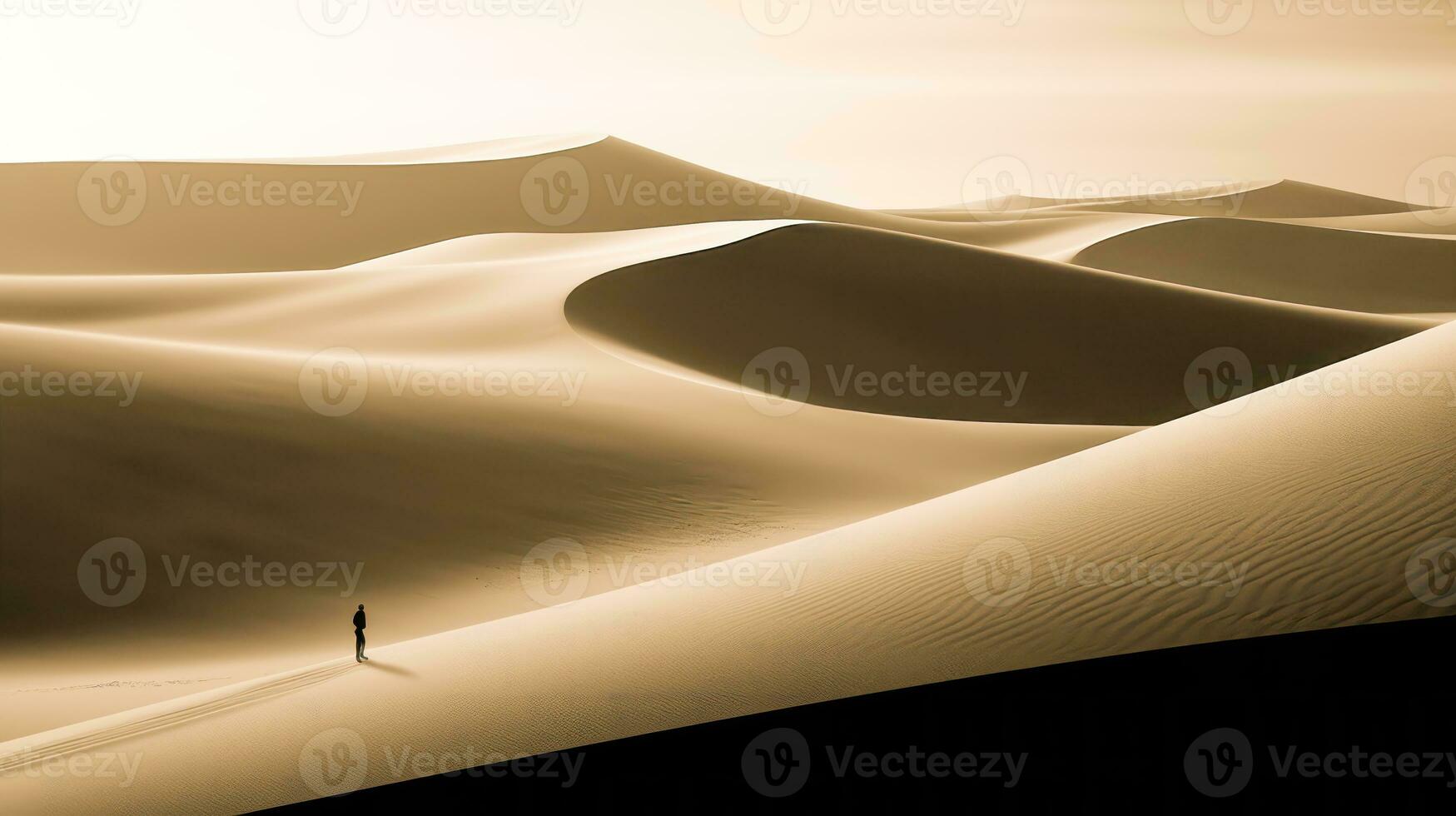 Minimalist Image of a Person Walking in a Desert with Sand Dunes A Person in a Robe on a Smooth AI Generative photo