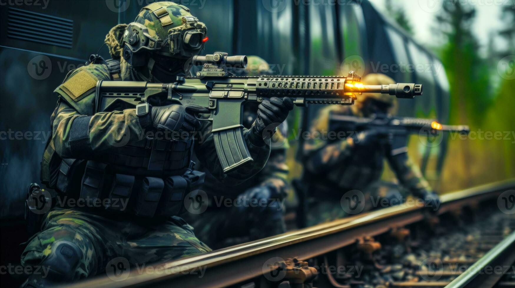 Tactical Operations of Camouflaged Army Troops with Suppressed Weapons in Forest AI Generated photo
