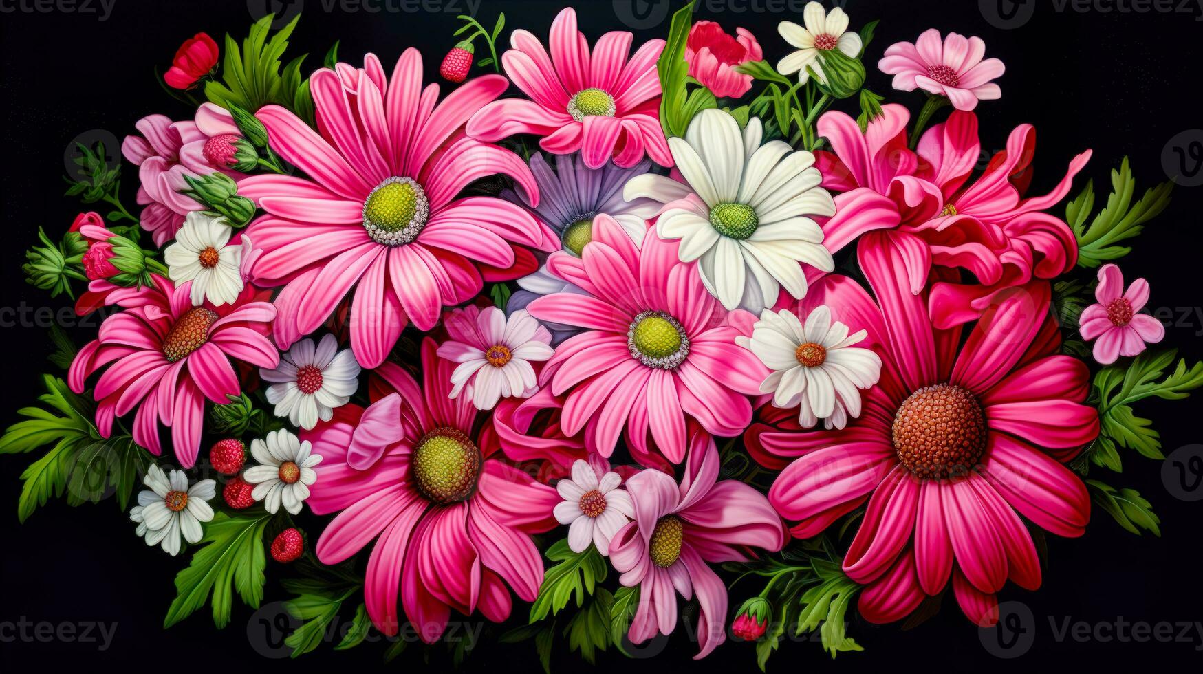 ramo de flores de rosado y blanco margaritas un hermosa y natural flor modelo ai generativo foto