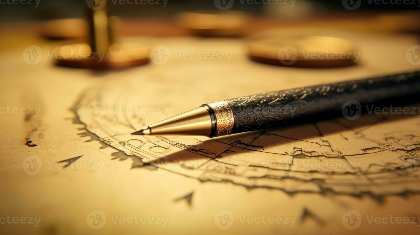 Antique Writing Instrument and Map with Gold Coins AI Generative photo