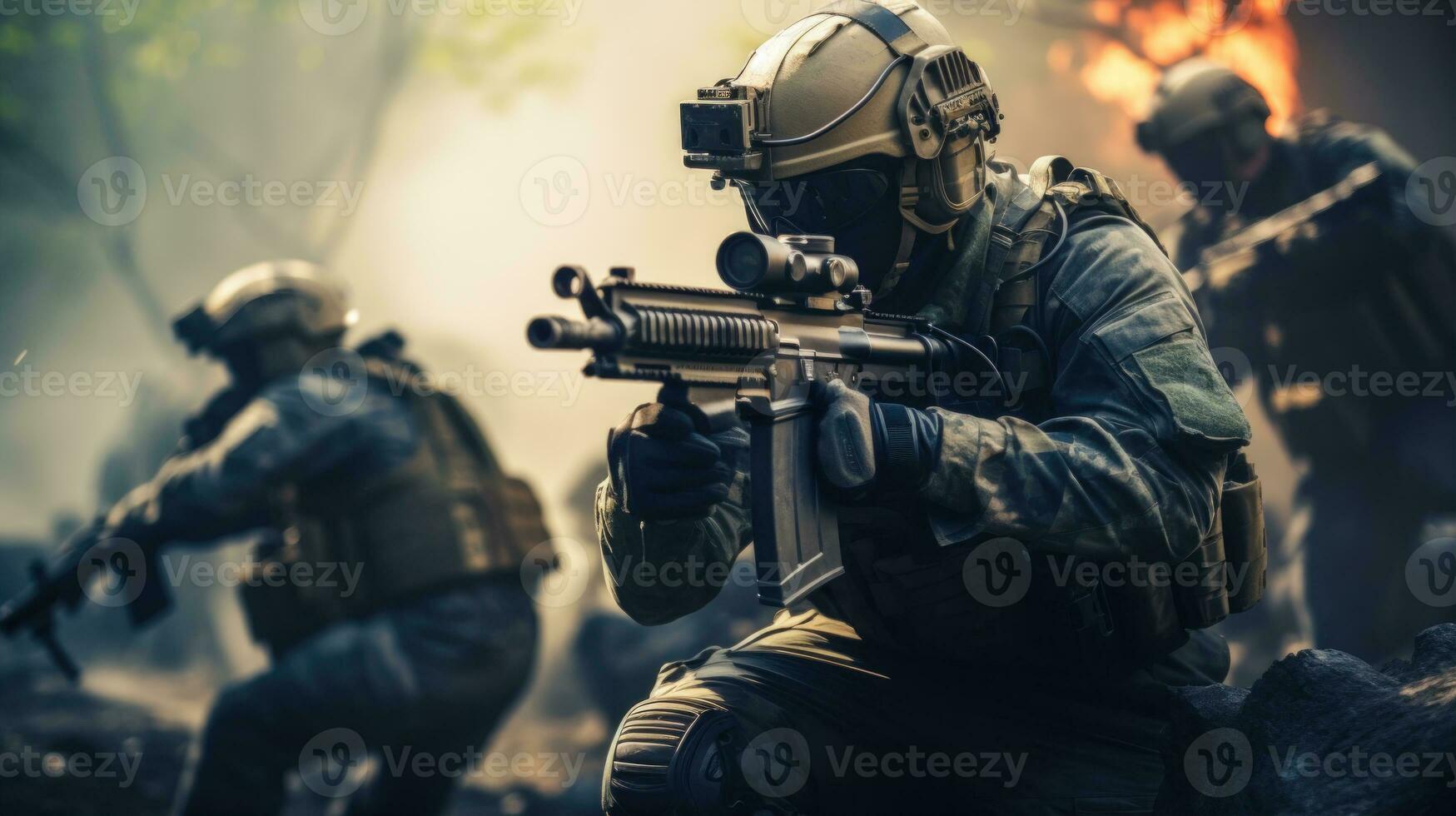 Combatants in a Firefight with Rifles and Protective Gear AI Generated photo