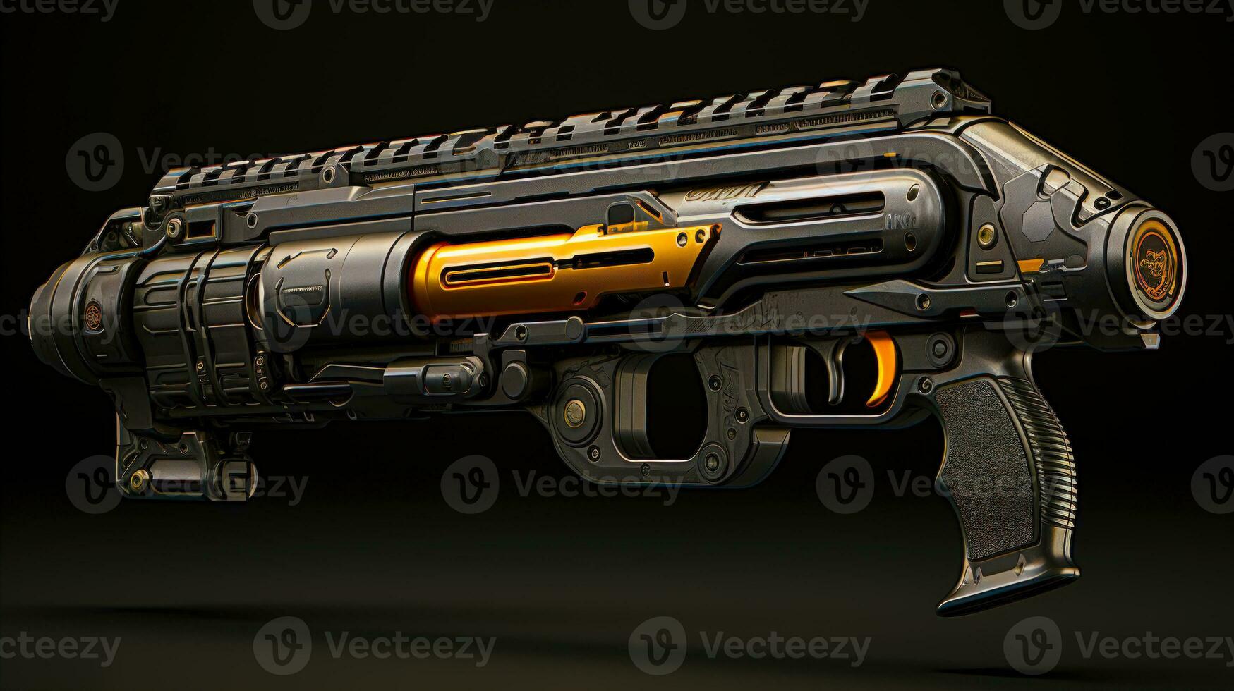 Black and Orange Urban Futuristic Breaching Shotgun with Scope Specialized Door Breaching Weapon AI Generated photo