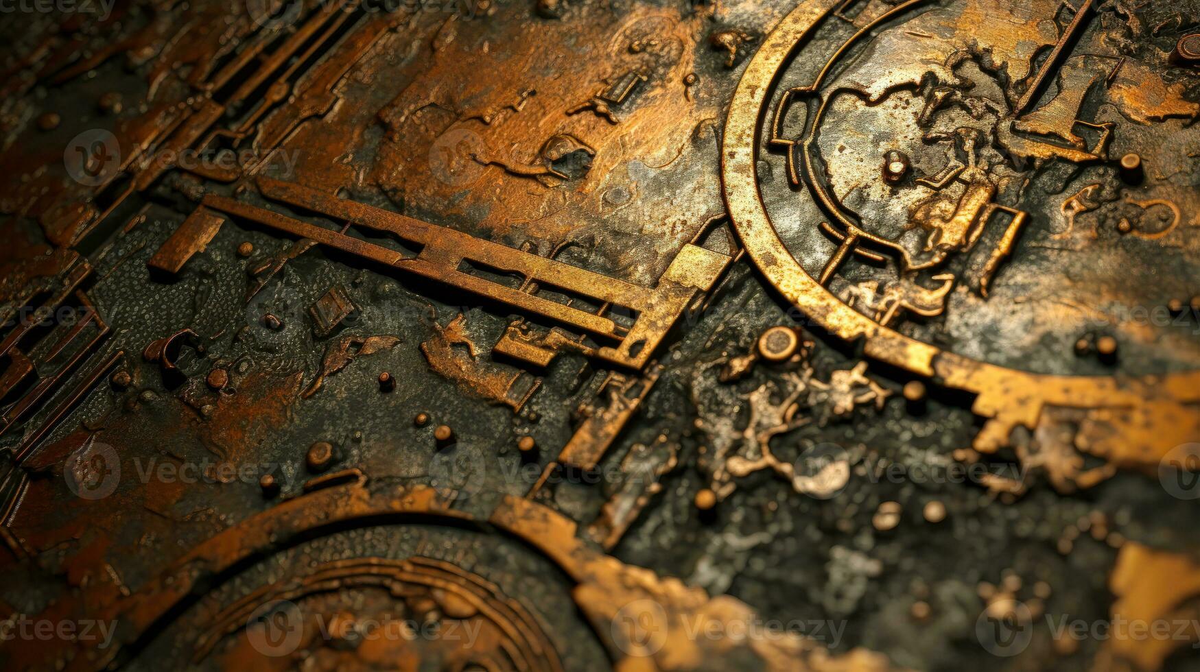 Clockwork Fractal Design A Golden and Grungy Pattern of Circles and Cogs on a Metal Surface. Metal Gears and Cogs of a Retro Time Machine AI Generative photo