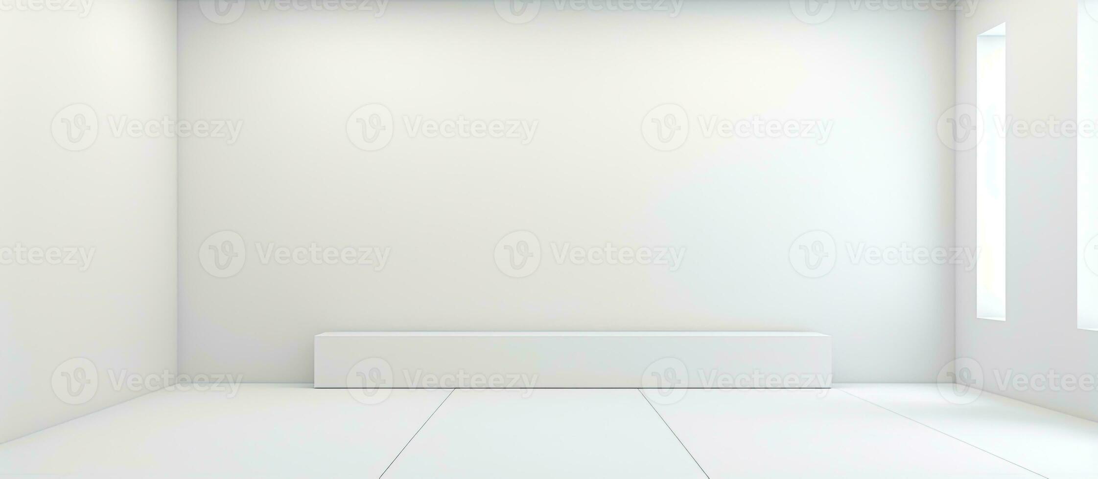 a minimal white room with an empty wall background and front box