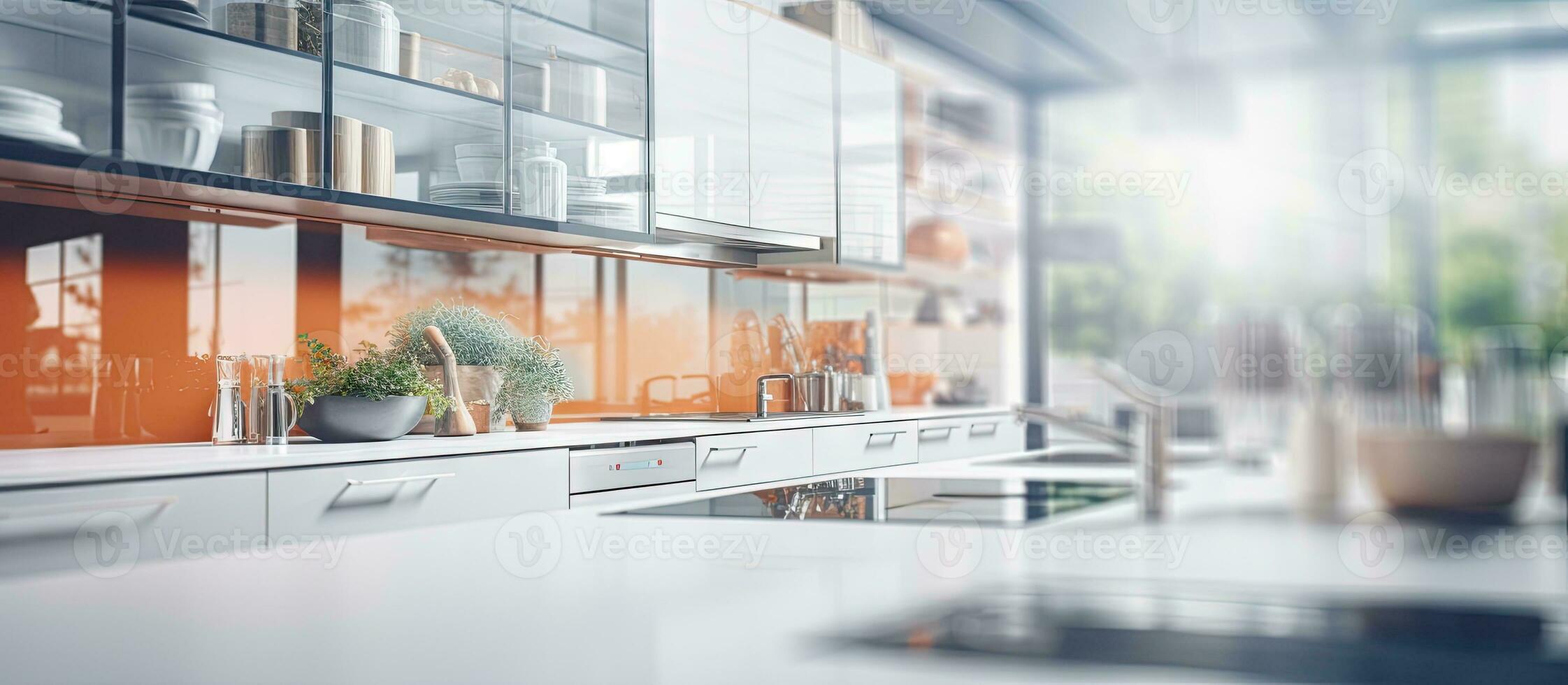 Blurred modern kitchen interior image as background photo