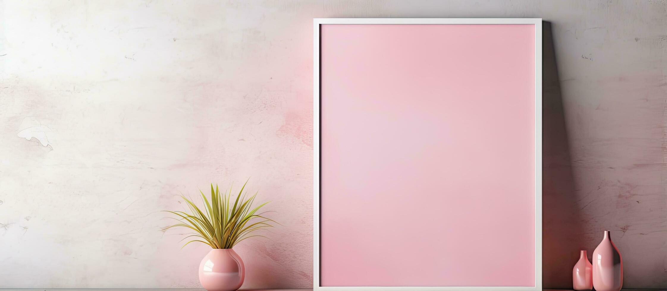 Create a a poster frame in a trendy interior with pink tones and concrete wall photo