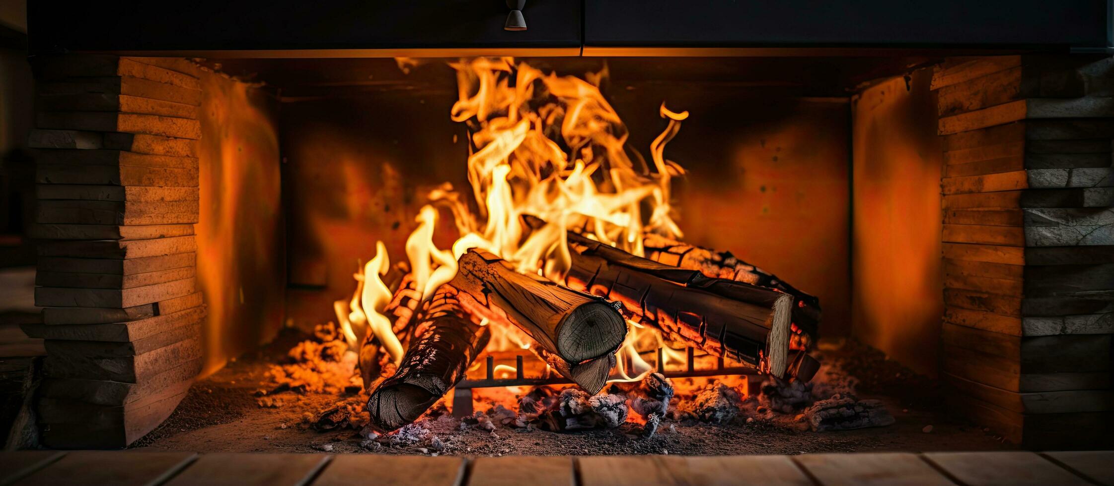 Burning wood inside a brick stove produces flames and ash photo