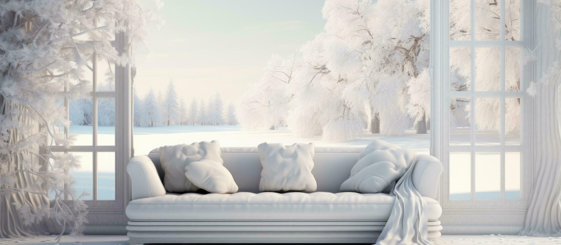 Scandinavian interior design with a fashionable white room sofa and wintry view from the window in a illustration photo
