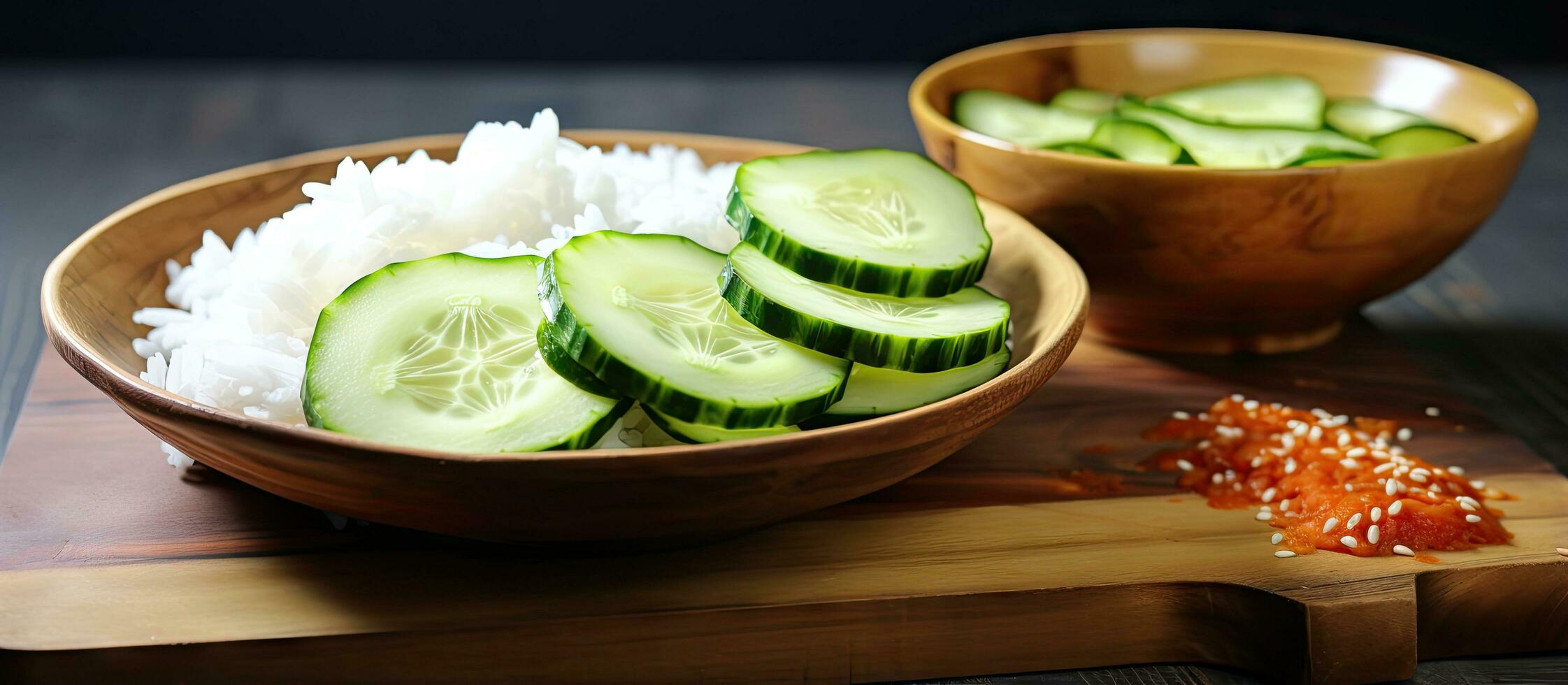 Cucumber slices on chopping block accompanied by rice photo