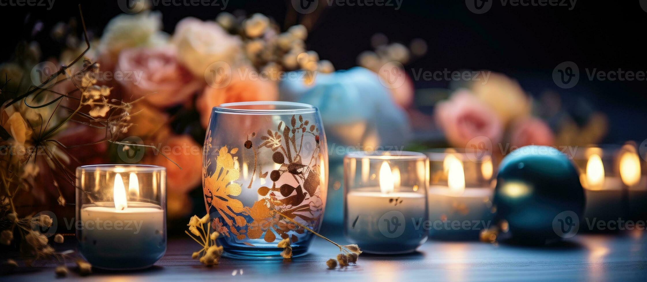 Candles and vases set on the wedding table photo