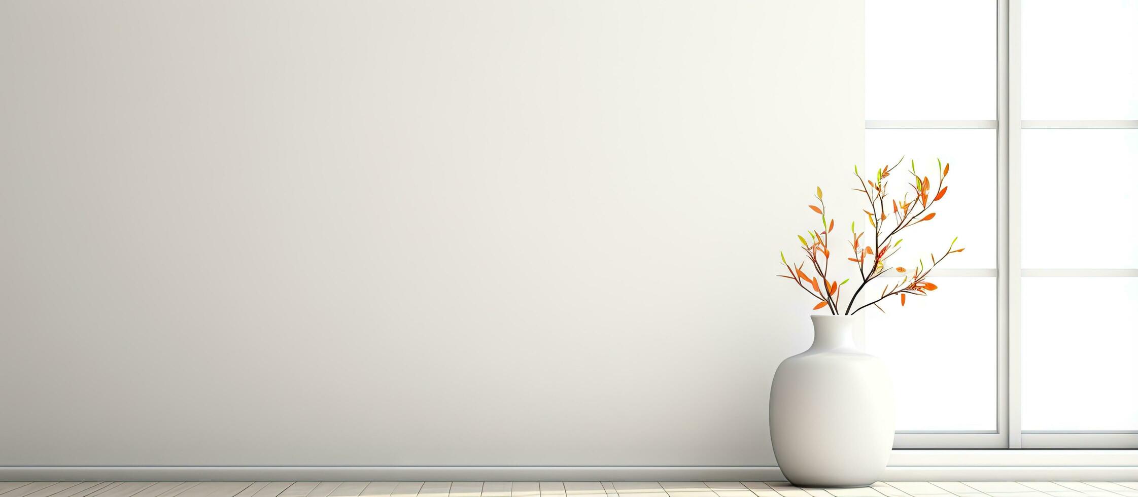 Minimalist white room with decor on wall vase on floor and window showing white landscape Nordic home interior photo