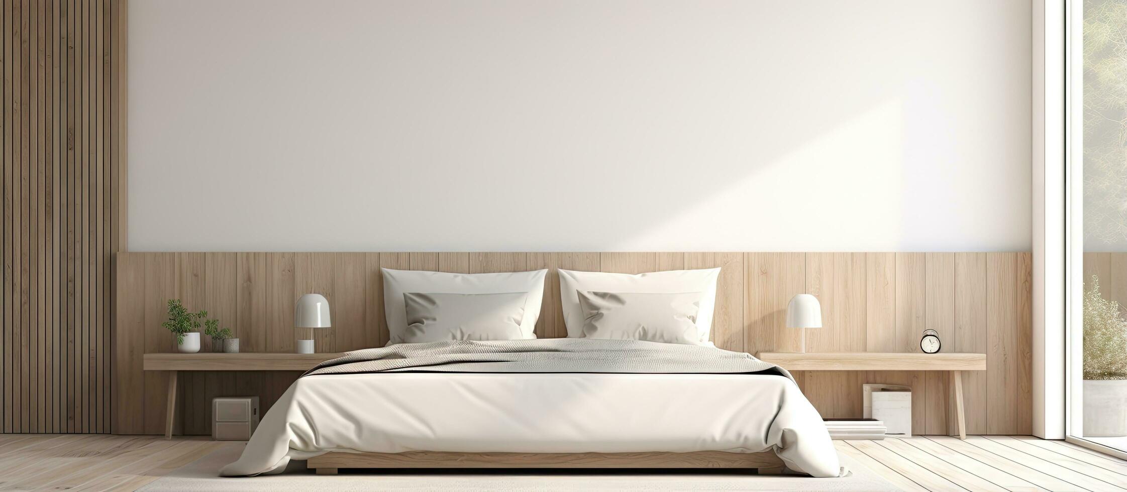 mock up of a bedroom with white and glass walls wooden floor double bed and blank poster on a bedside table photo