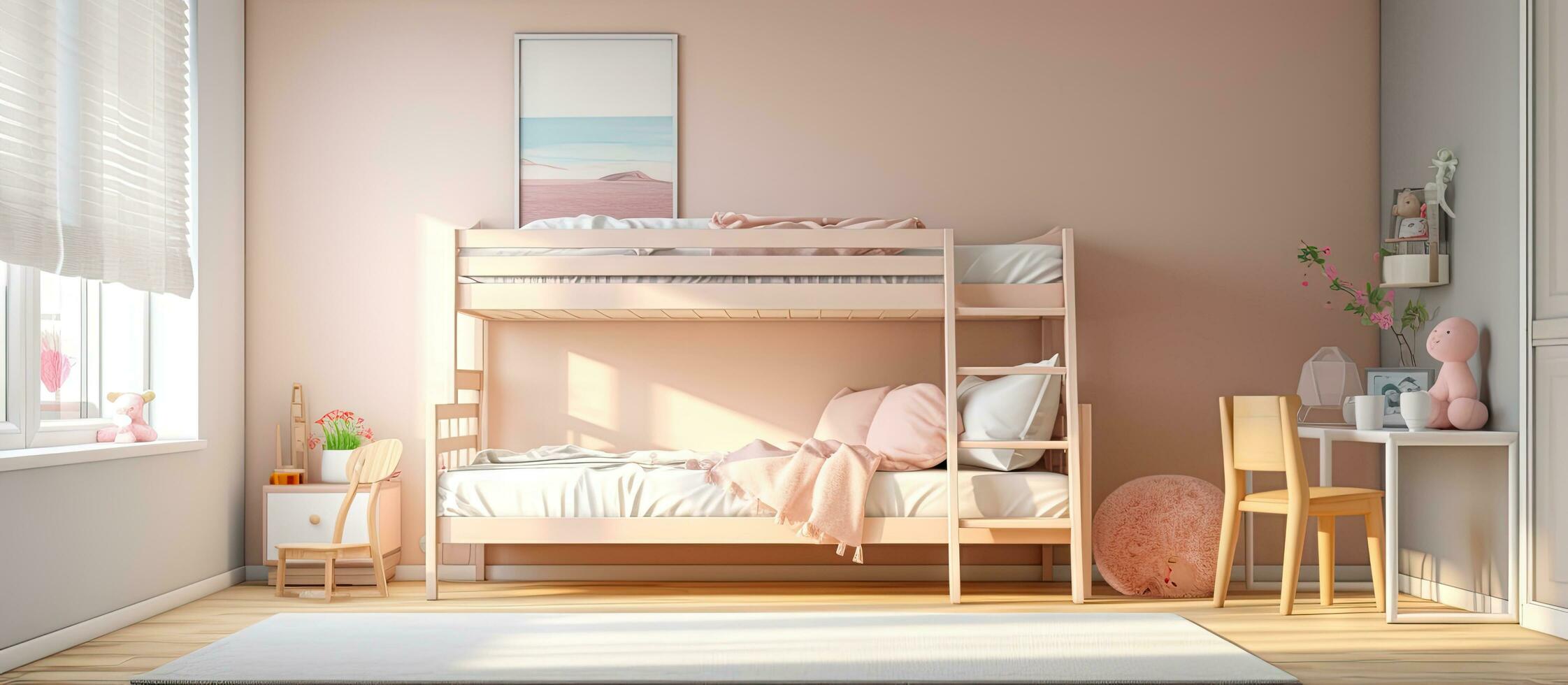 moderno niños s dormitorio con pastel temática litera cama parquet piso grande ventana con banco y persianas escritorio juguete lleno alfombra y acogedor camas ilustración de interior diseño foto