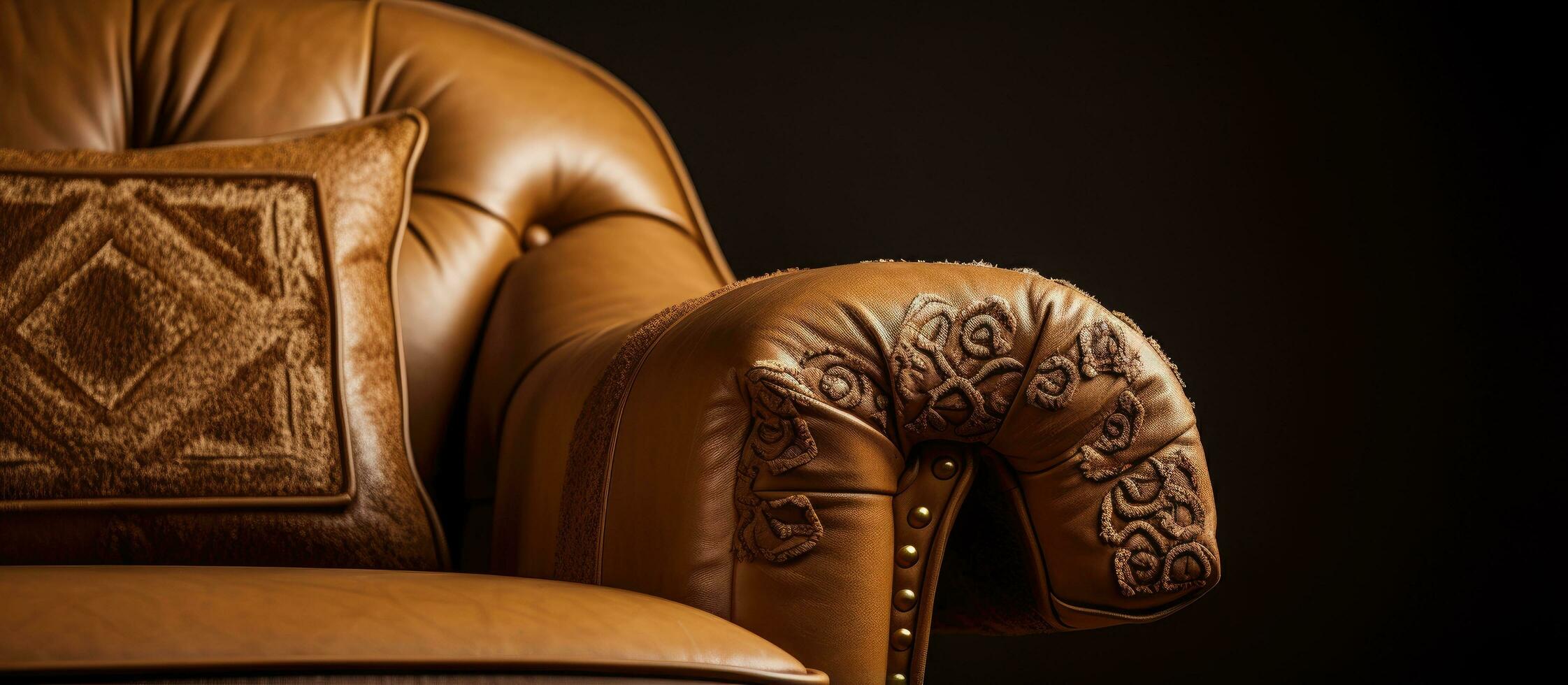 Detail of a camel and brown leather chair photo