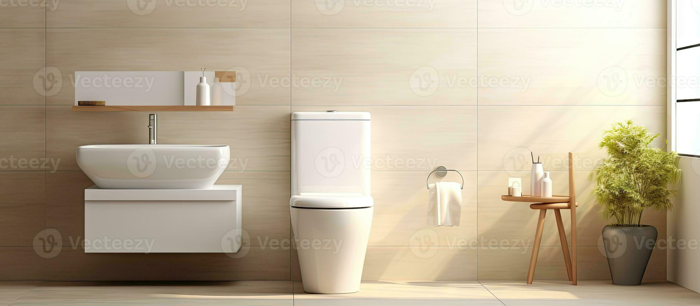 Toilet placed in stylish light bathroom with white sink photo