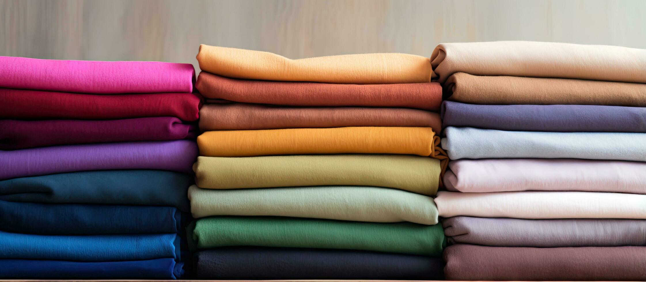 Close up top view of a colorful pile of fabric emphasizing the concept of DIY sewing and tailor work in home interiors photo