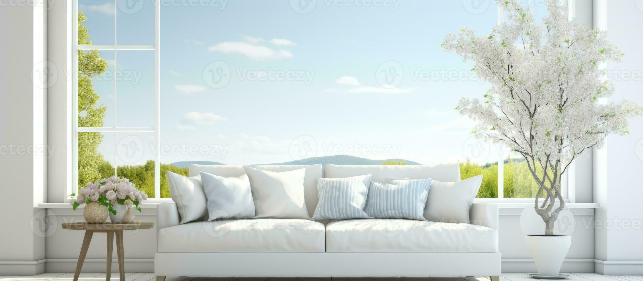 Scandinavian interior design Sofa in white living room with window showing summer landscape illustration photo