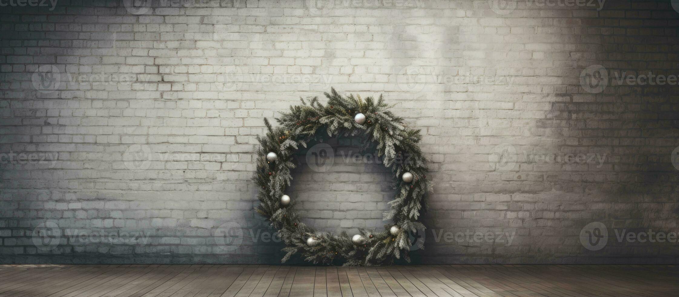 Minimal winter holiday decoration with a large beautiful wreath on a loft apartment wall photo