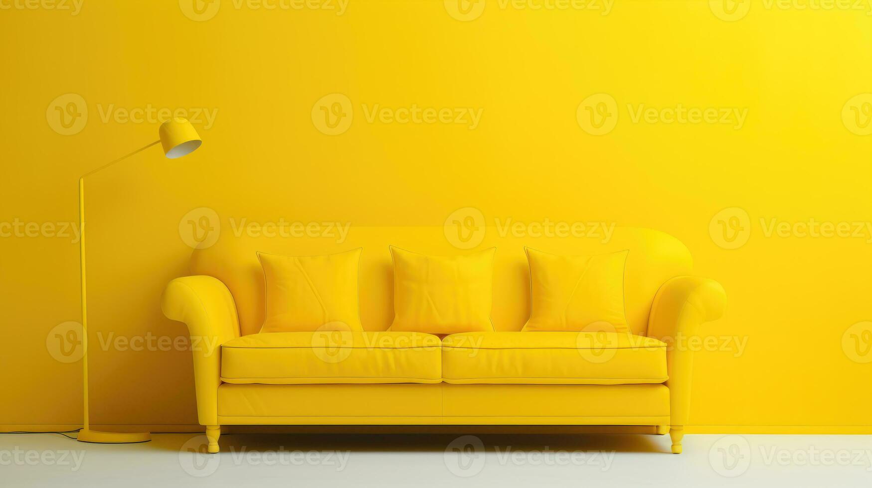 amarillo pared y sofá un cómodo y relajante antecedentes para virtual reuniones con un minimalista y elegante hogar decoración con un sofá, cojines, y un piso lámpara foto