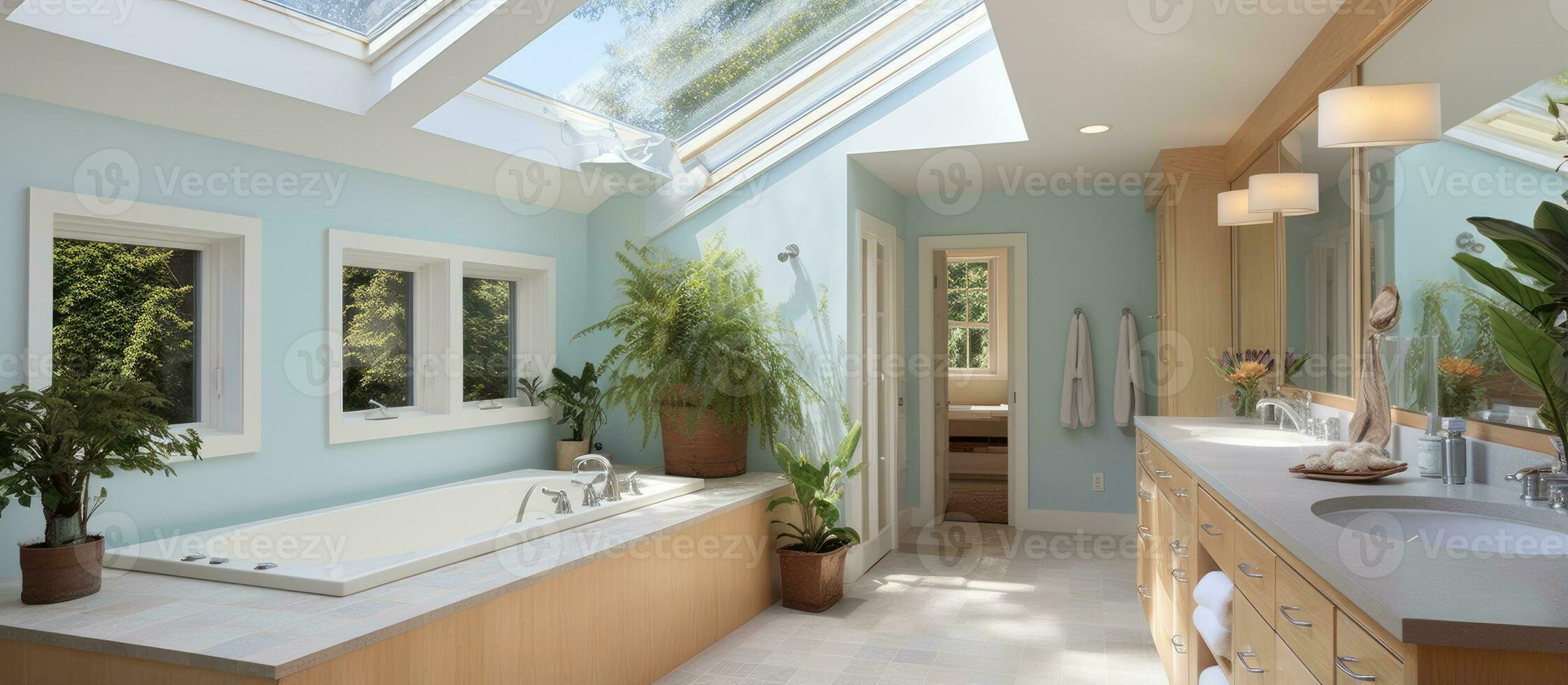 Skylit master bathroom in suburban residence photo