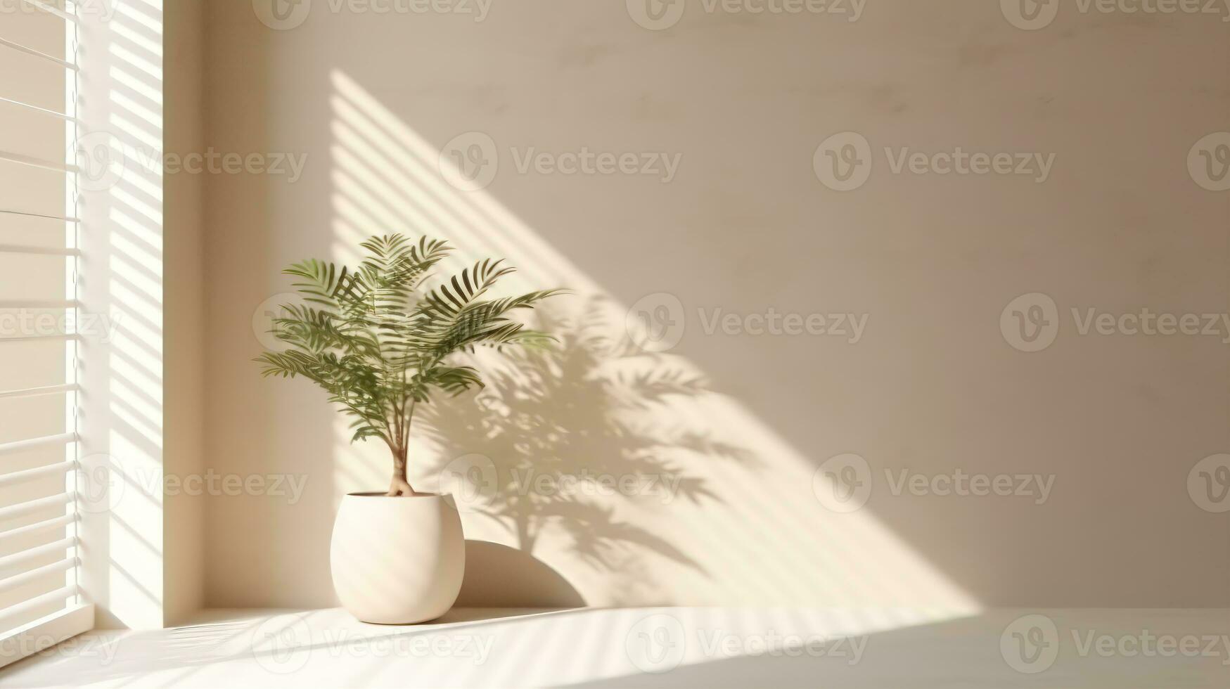 Light Beige Wall with Textured Surface and Window Shadow Minimalist Background with Potted Fern  AI Generative photo