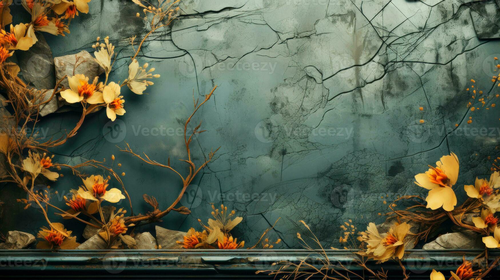 Grungy Blue Wall with Orange Flowers VintageInspired Floral Art on a Cracked and Textured Wall AI Generated photo