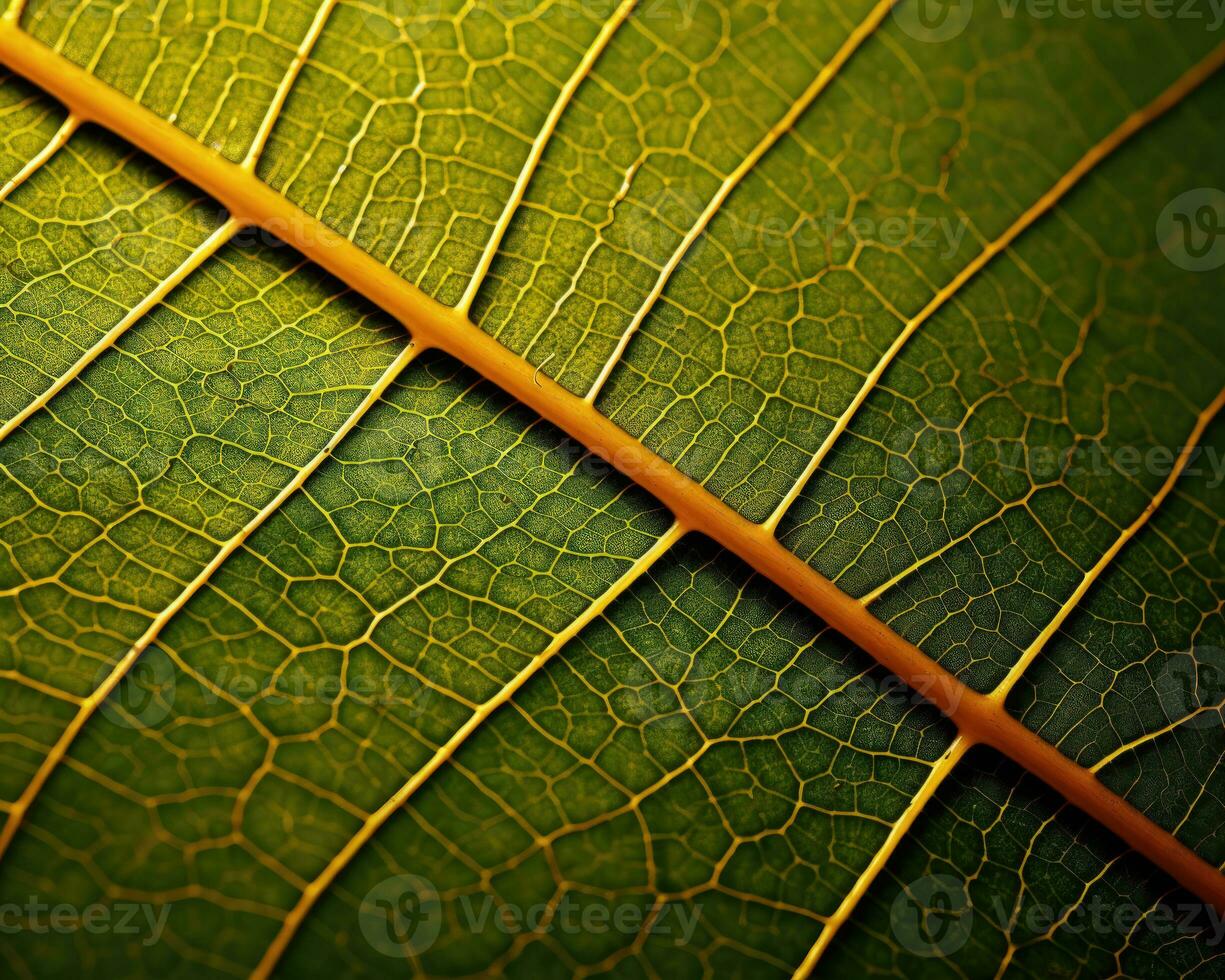 A Leaf Full of Life A Macro Shot of a Green Leaf with a Vein Structure and Spots that Reflect the Light and the Environment AI Generative photo