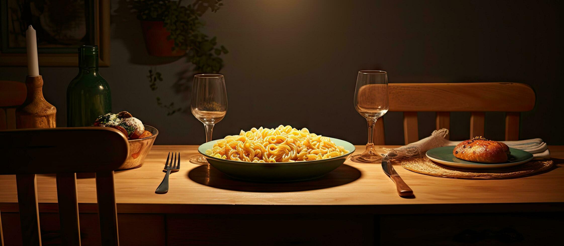 Table with macaroni traditional meal service pot on table photo