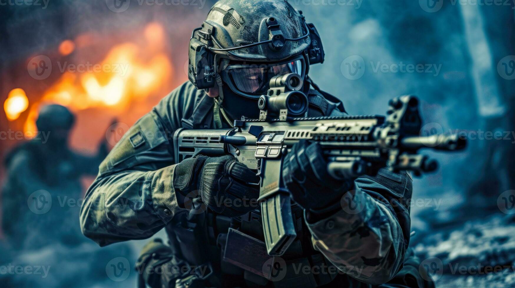 Special Forces Soldier with Night Vision and Suppressed Rifle AI Generated photo