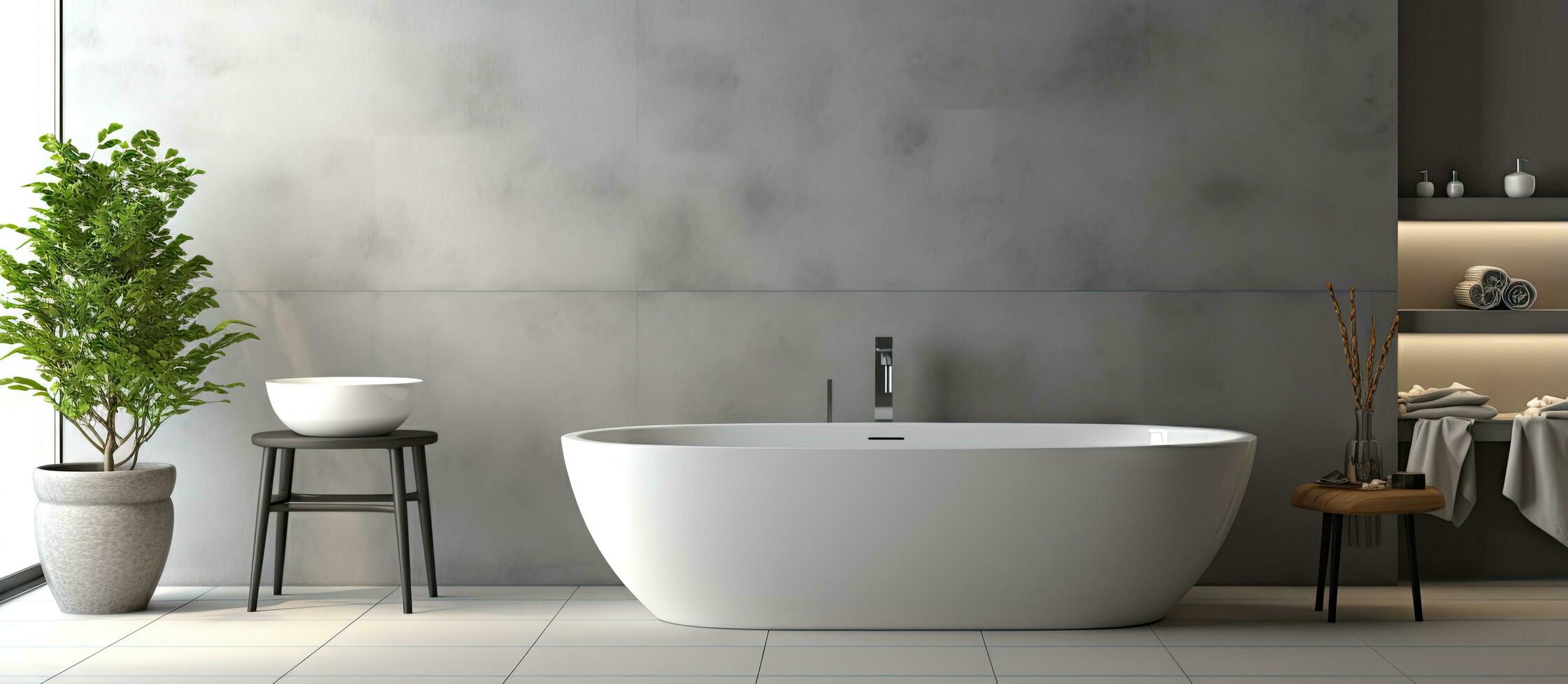 a minimalistic bathroom with gray tile white walls a white bathtub a chair with shampoos and towels and a carpet on the floor photo