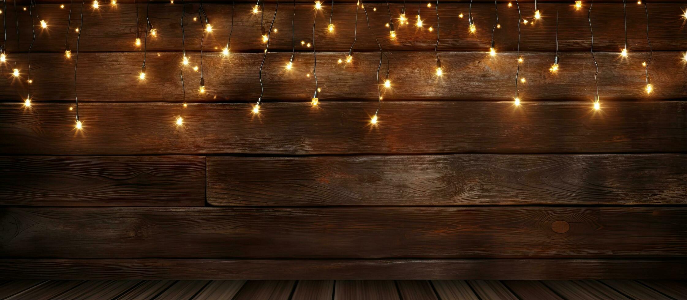 Festive lights on wooden backdrop photo