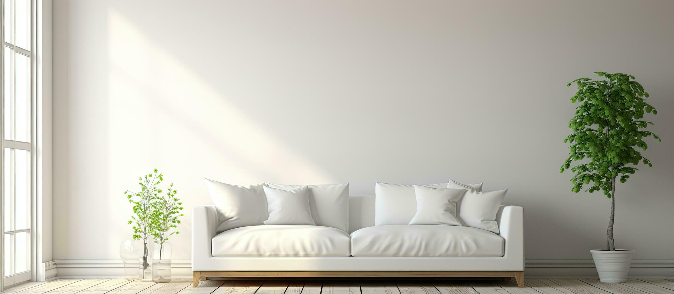 illustration of a bright and simplistic Nordic home interior with a white sofa sunlight streaming onto a wooden floor minimal decor on a large wall and a view of a white landscape through the w photo