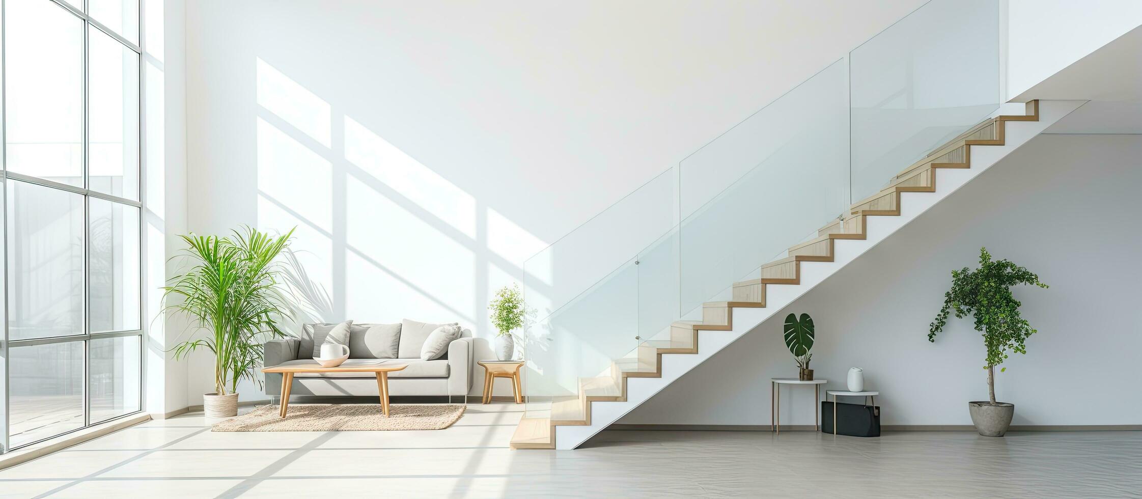 Modern house with white walls has a spacious room with a stairway that leads to a glass door living room photo