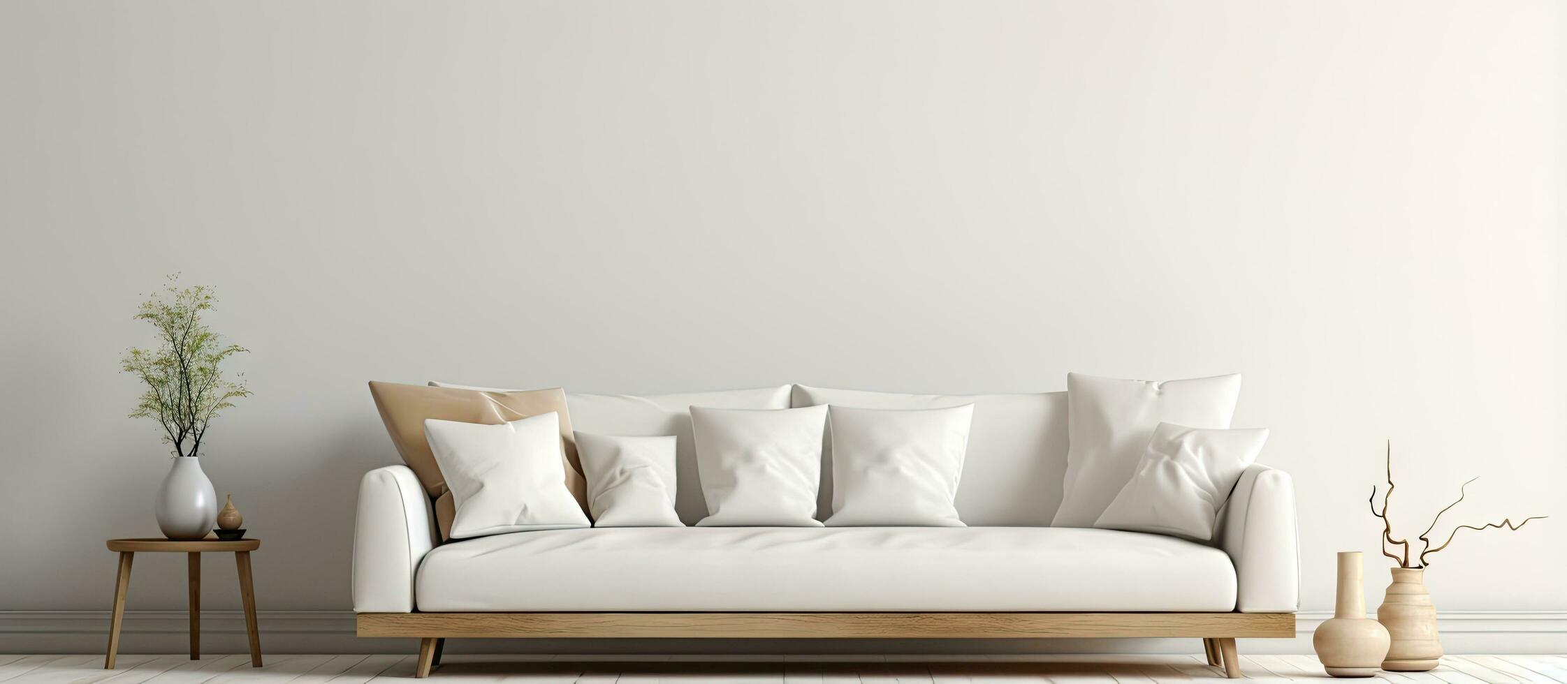 Minimalist white room with sofa in Scandinavian style interior visual representation photo