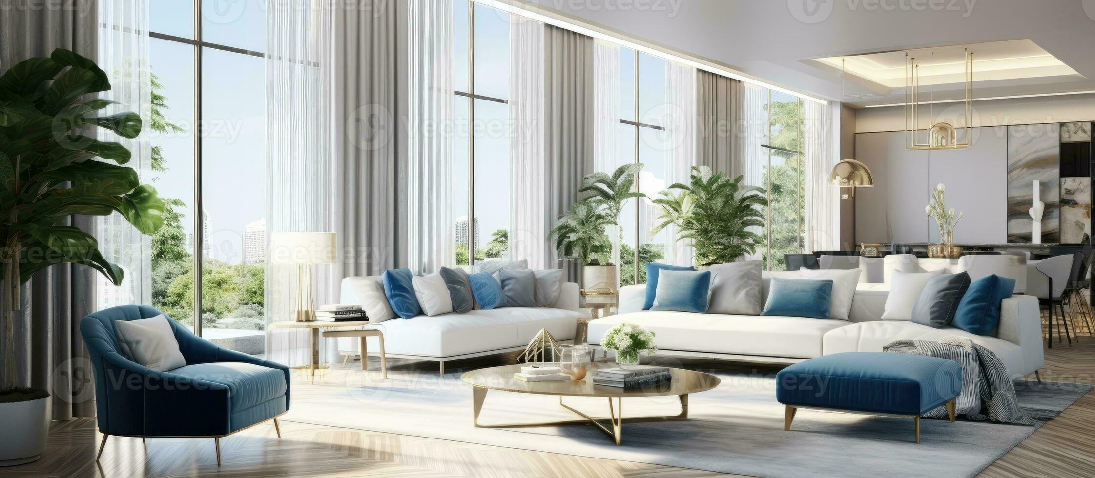 ed computer illustration of a spacious upscale and contemporary living room with bright and modern interiors photo