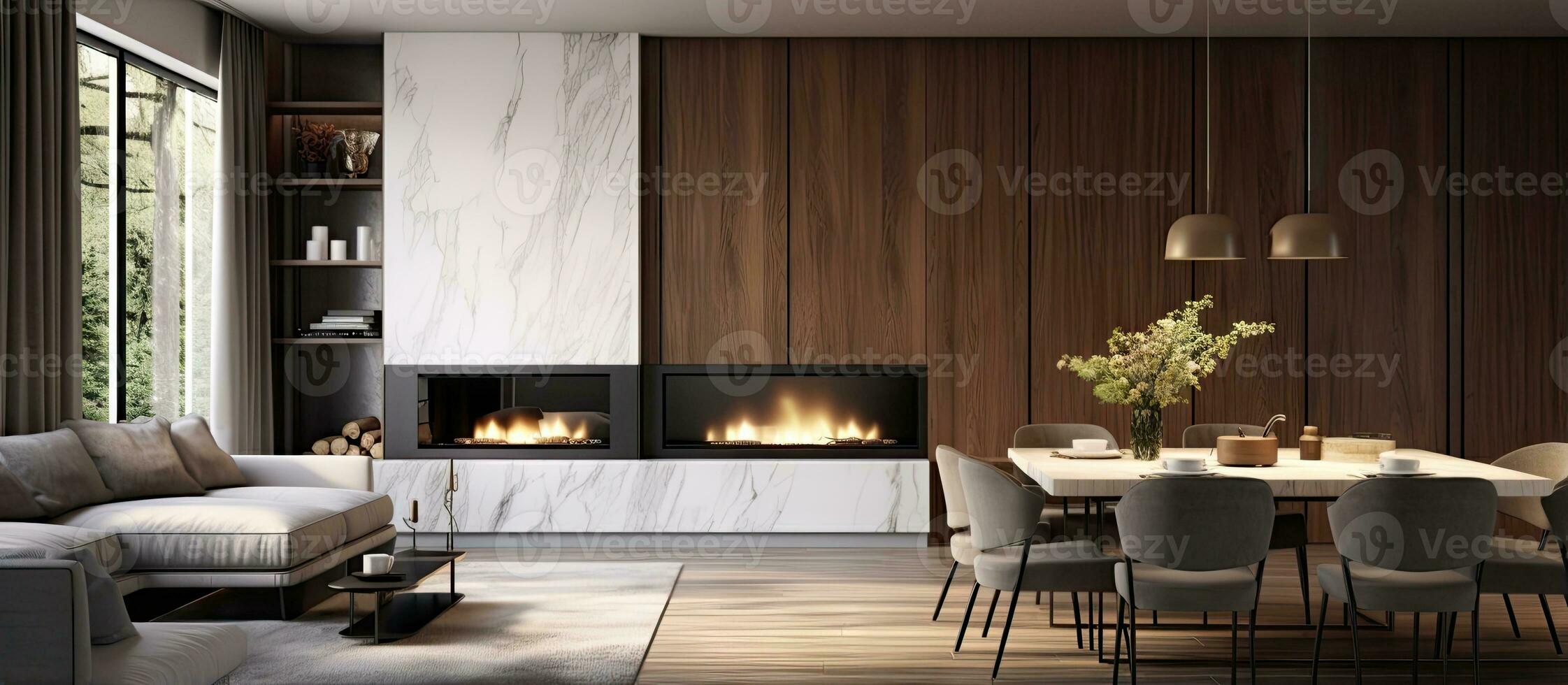 with living room kitchen hallway dining room fireplace wood paneling and marble photo