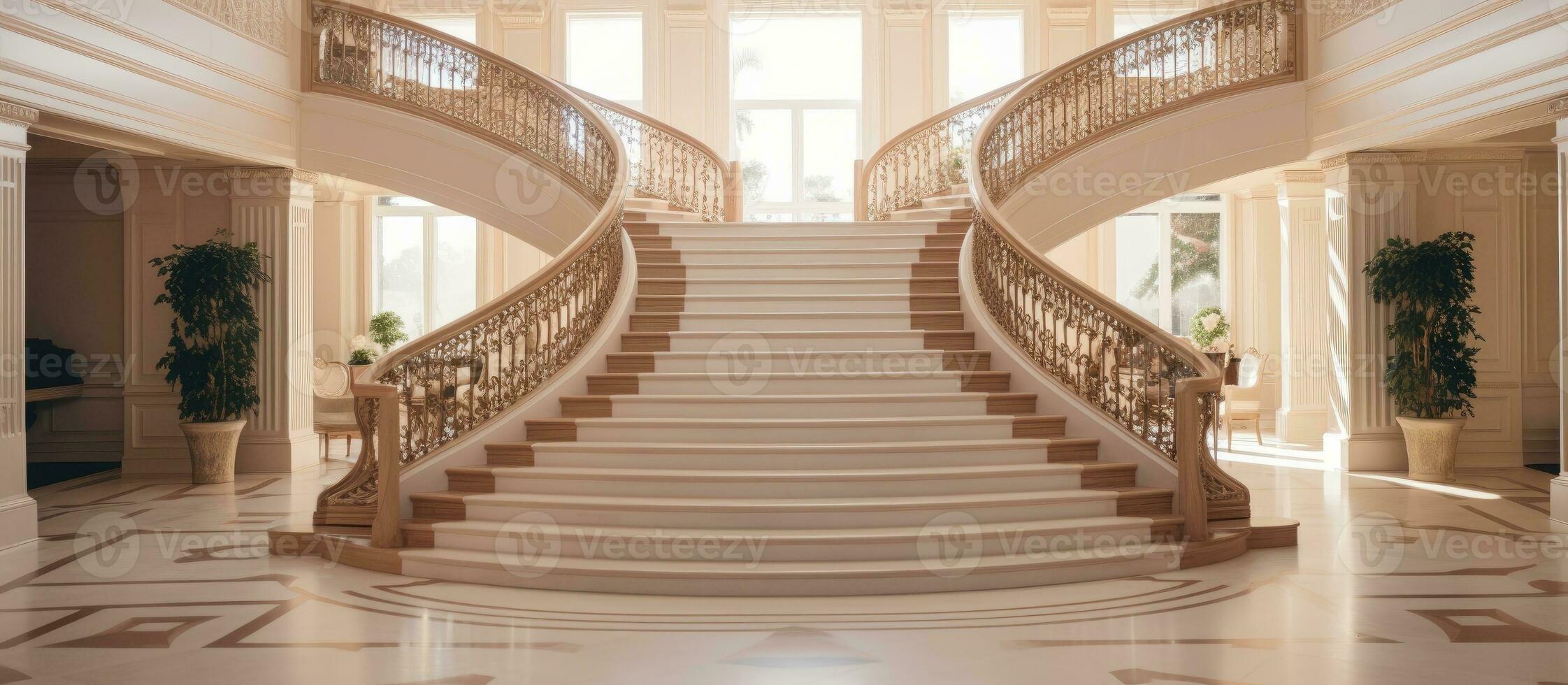 California 4 May 2021 Elegant illuminated stairway in spacious mansion with modern design Stylish railing and bright elements create a luxurious interior photo