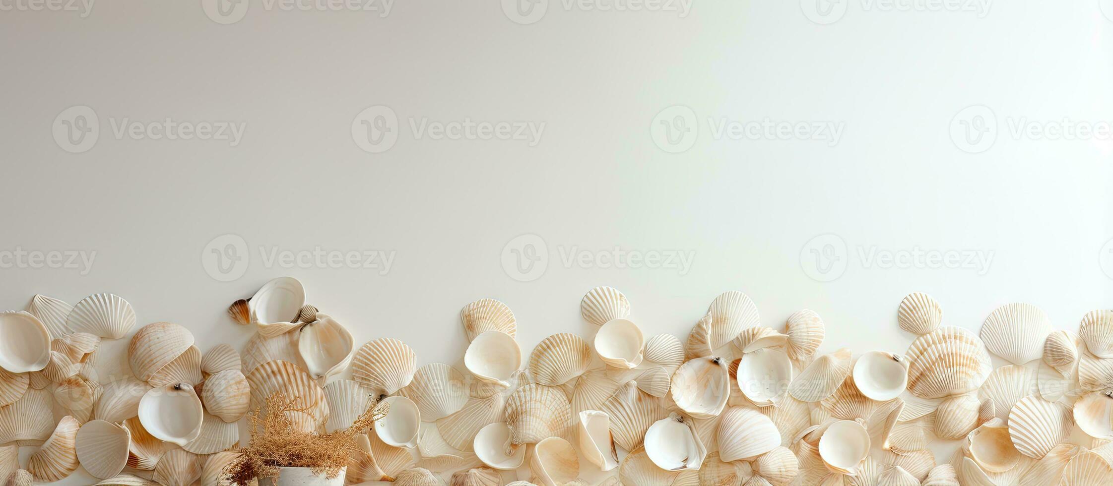 White walled room decorated with a collage of recycled shell plates photo